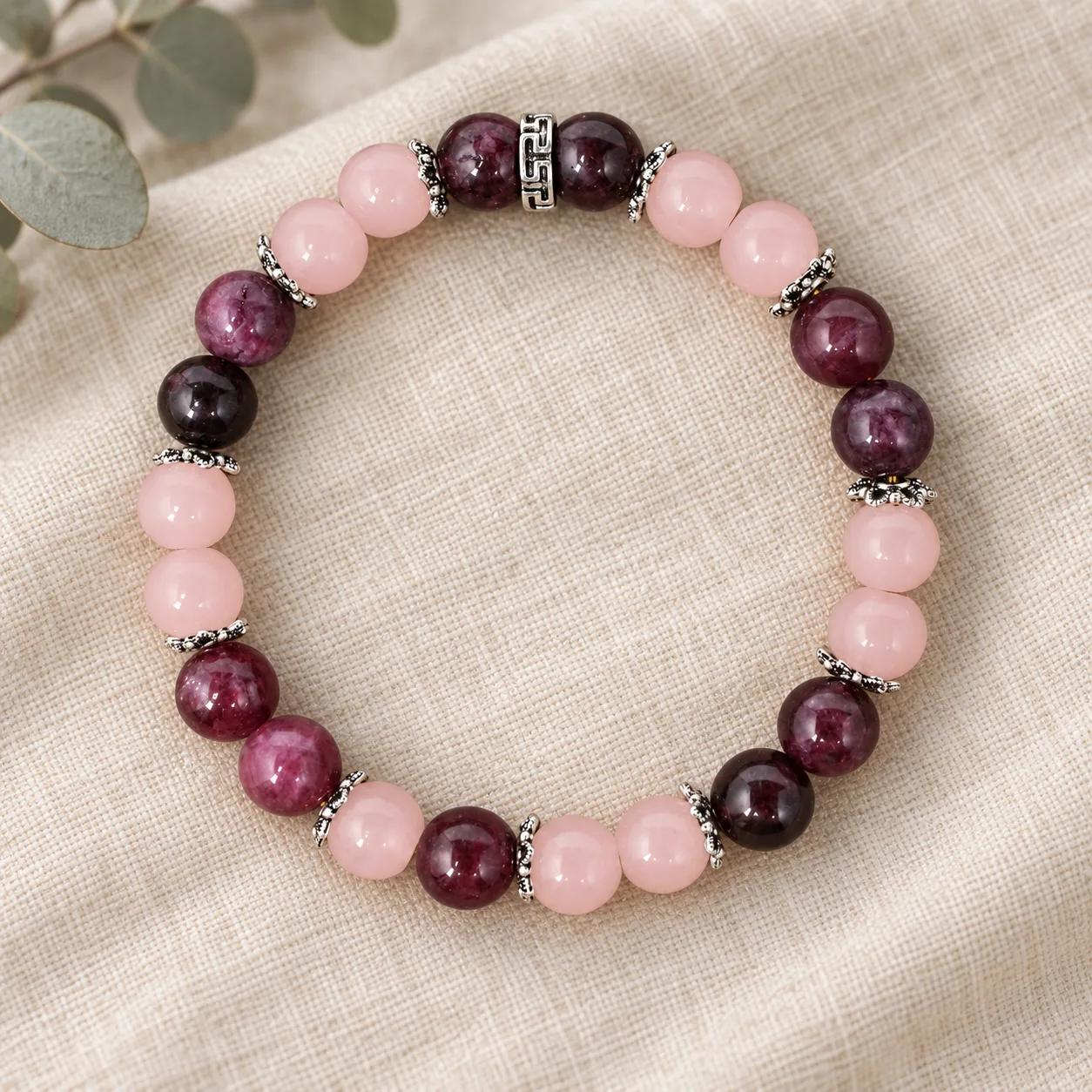 Rose Quartz & Strawberry Quartz & Garnet Beaded Bracelet — Maillard Tone view 1