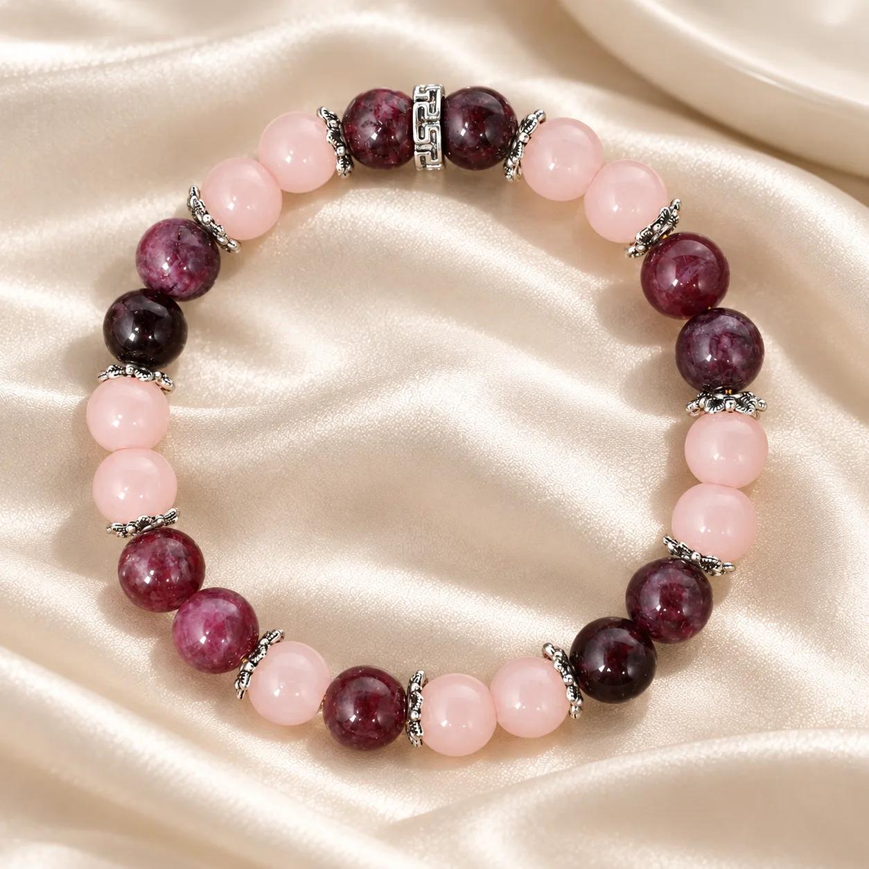Rose Quartz & Strawberry Quartz & Garnet Beaded Bracelet — Maillard Tone view 2
