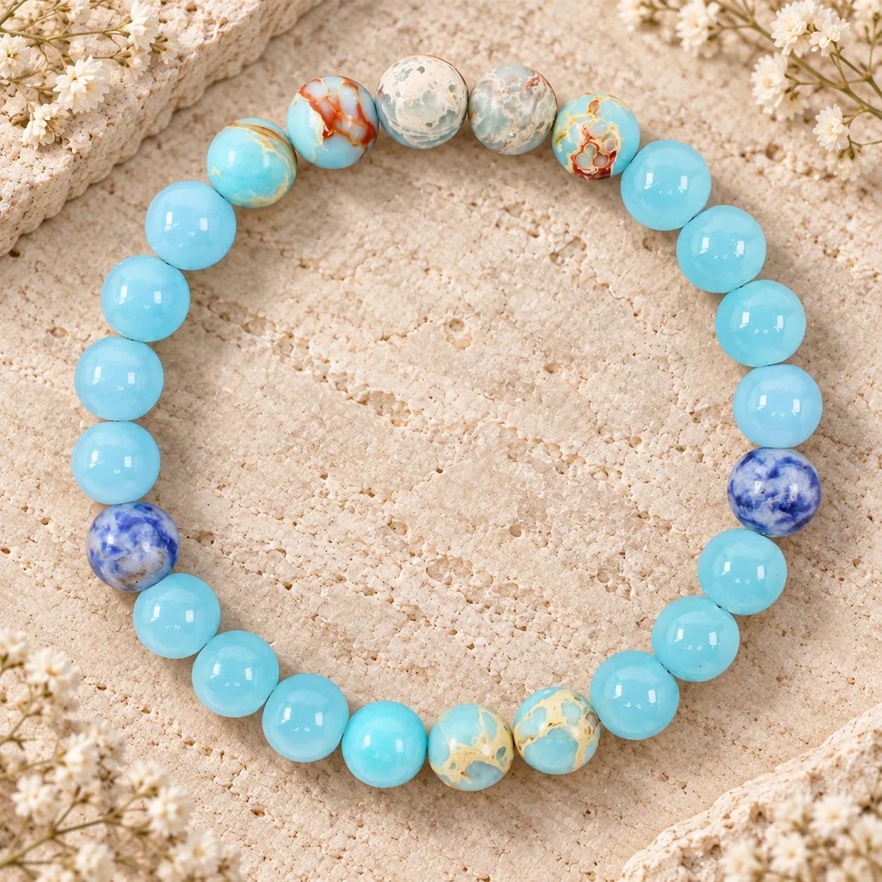 Sodalite & Aquamarine & Shoushan Stone Beaded Bracelet view 1