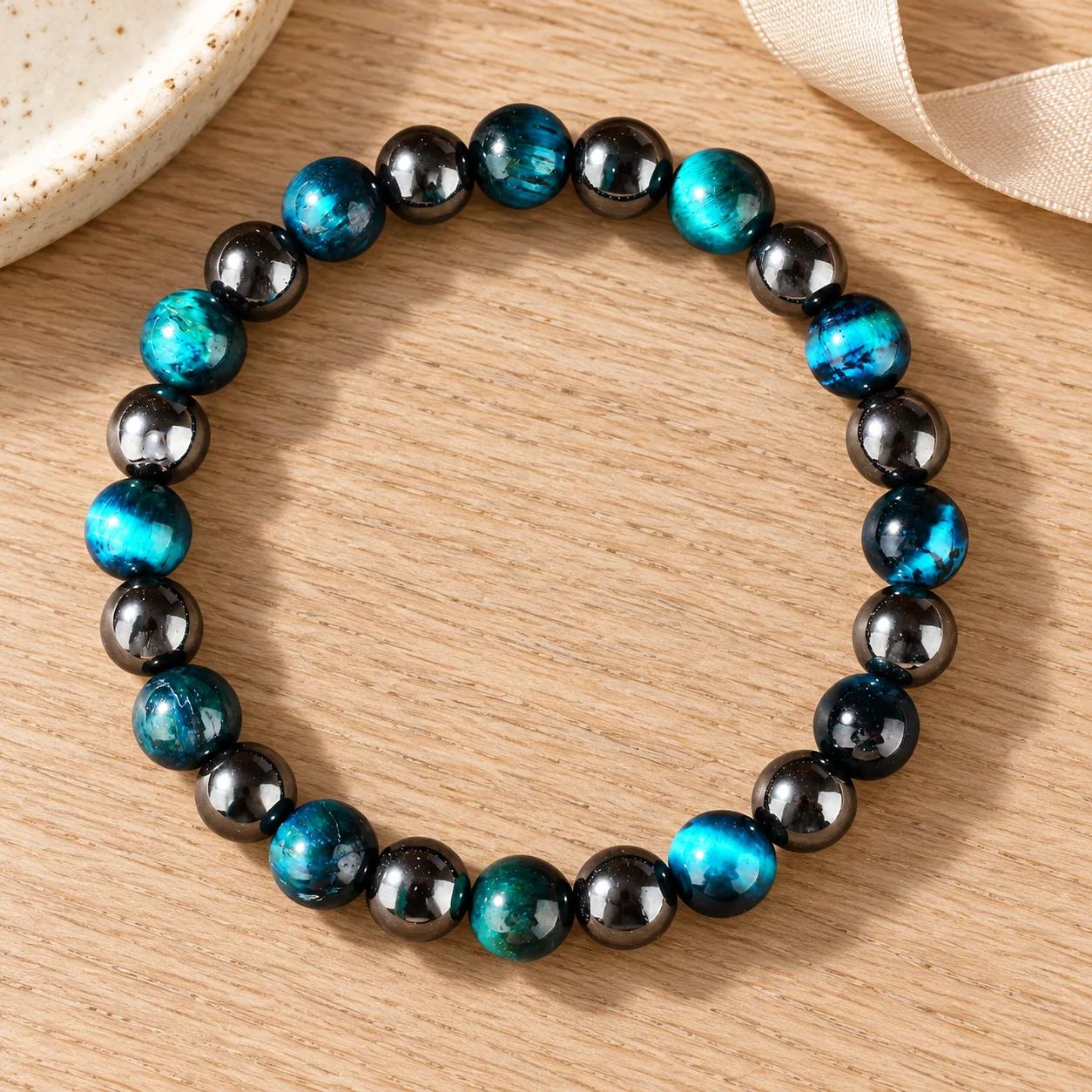 Tiger Eye & Blue Tiger Eye Beaded Bracelet — Unisex Protection view 1