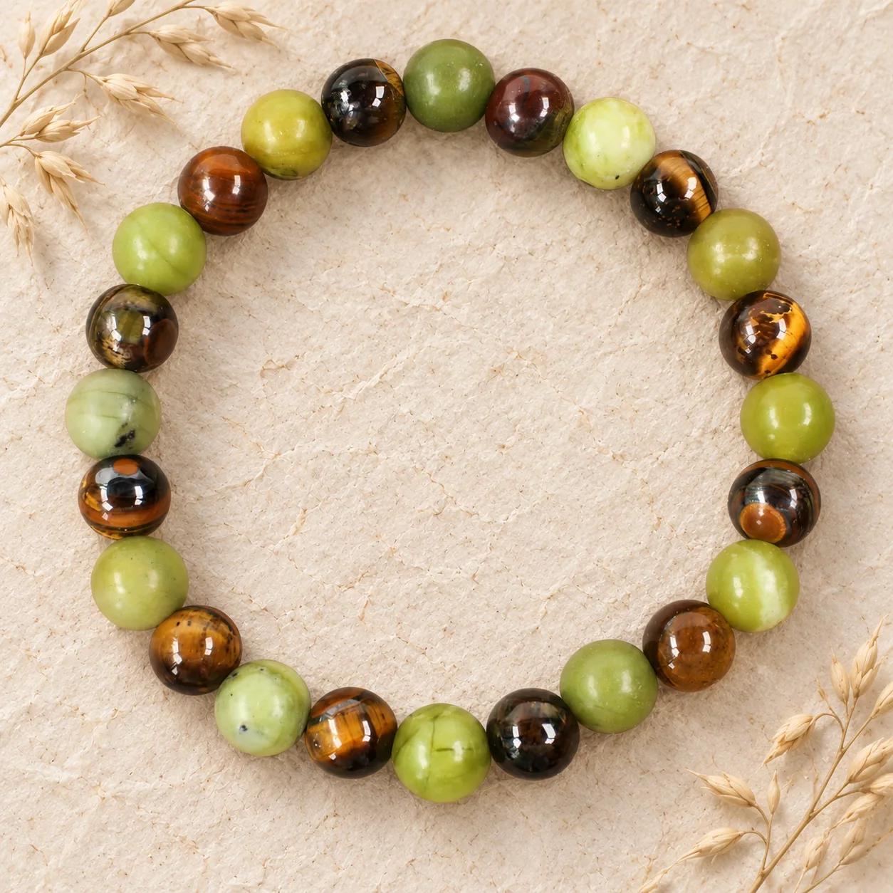 Tiger Eye & Green Jade Beaded Bracelet — Two-Tone view 1
